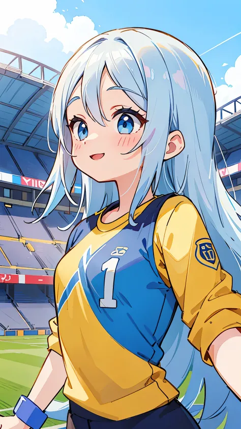 1 girl、anime painting、Silver Hair、Long Hair、Beautiful blue eyes、Vibrant colors、Yellow Shirt、smile、Perfect female body、From the side、Upper body close-up、Stadium stand background