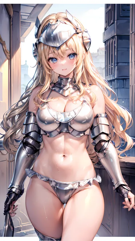 Very detailed、highest quality、Best image quality、masterpiece、8k、Anime Face、A kind smile、Open your mouth、Sparkling blue eyes、(Blonde wavy hair:1.5)、、Muscles of the whole body、camisole、Thigh belt、mini skirt、(Wearing silver bikini armor:1.5)、(Cowboy Shot:1.5)...