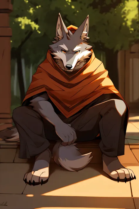 anthro wolf sitting down on the ground and wearing a poncho