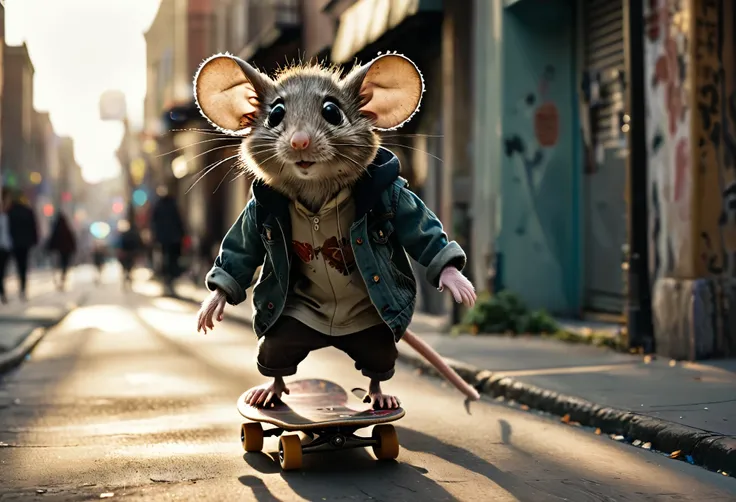 (street photography:1.3) photo of an anthropomorphic mouse, with large expressive eyes and fur in muted tones, skateboarding wit...