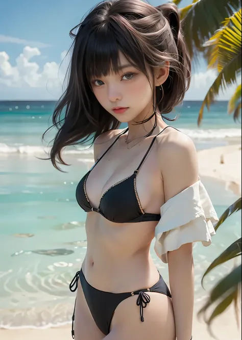 Girl in black bikini、Cute 1 girl、The crystal clear waters of Okinawa、on the white sand beach、A white yacht floats in the distance、Tropical plants、Sunset、Cowboy Shot、light brown hair with bangs,,、Big eyes、Small breasts、Perfect lighting、Sharp focus、High reso...