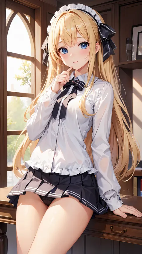 ((highest quality、High resolution、masterpiece))、Blonde、Cosplayer Beautiful Girl、skirt、Embarrassed face、((She shows her panties))、I&#39;m tempting you、Im inviting you to have sex