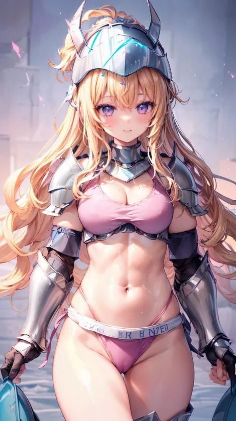 Very detailed、highest quality、Best image quality、masterpiece、8k、Anime Face、A kind smile、Open your mouth、Sparkling blue eyes、(Blonde wavy hair:1.5)、、Muscles of the whole body、camisole、Thigh belt、mini skirt、(Wearing pink bikini armor:1.5)、(Cowboy Shot:1.5)、(...