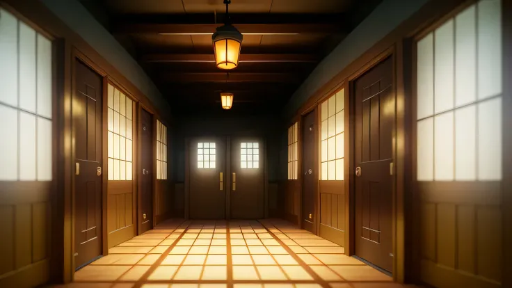 Hallway, atmosphere of horror, wooden walls, large ceiling, dim light, 2 small doors on the left side, 2 small doors on the right side, a large door at the end, anime style The Promised Neverland, Anime Wallpaper Art, Mono Na Nana Style, Studio Ghibli Envi...