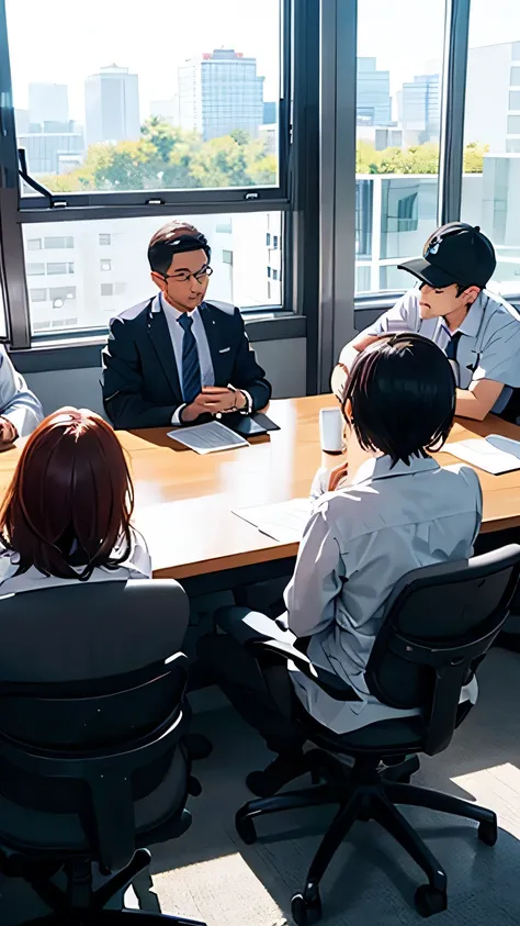 Workers in work clothes are having a meeting while sitting in chairs in a conference room