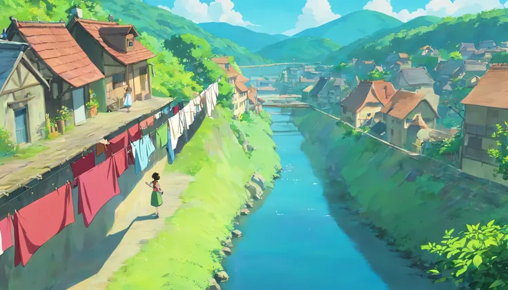 Hanging out laundry outside, Clear skies, top of the hill, Anime Style, Girl, Near the river, Clothesline