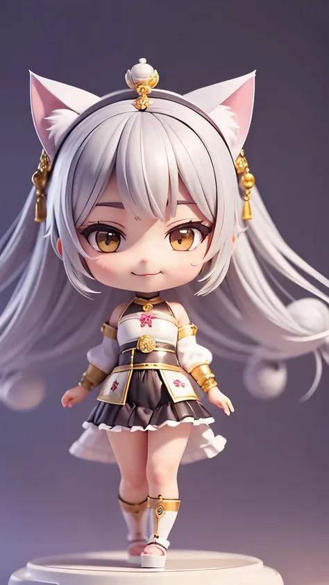 Perfect Face,,girl,Gray Hair,Cat ear,front,full body,chibi,smile,Fortune teller style,Background Temple