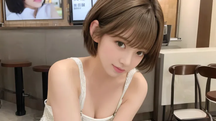 super high quality, Fashion Model, short hair, thin, (8k、RAW Photos、highest quality、masterpiece:1.2), Japanese Idols, Serious expression, Shaggy, Brown Hair, Stylish cafe, Fashion magazine shooting, People having fun at the cafe々Bustling with., (Realistic、...