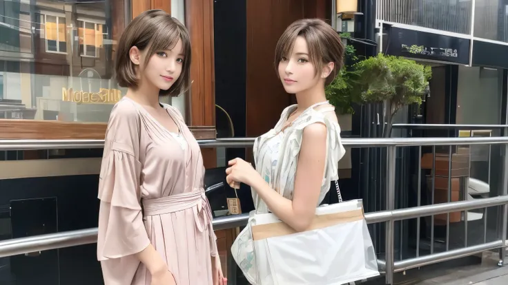 super high quality, Fashion Model, short hair, thin, (8k、RAW Photos、highest quality、masterpiece:1.2), Japanese Idols, Serious expression, Shaggy, Brown Hair, Stylish cafe, Fashion magazine shooting, People having fun at the cafe々Bustling with., (Realistic、...