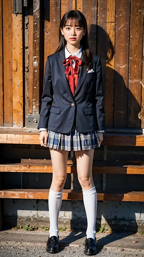 (8k、raw photos、highest quality、masterpiece:1.2)、(realistic、realistic)、1 girl、((schoolgirl uniform、check mini skirt、blazer、navy b...