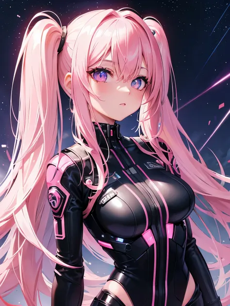 beautiful, 1girl, cute woman, pink hair, long hair, twintail hairstyle, striking eyes, pink irises, feminine figure, cyberpunk, ...