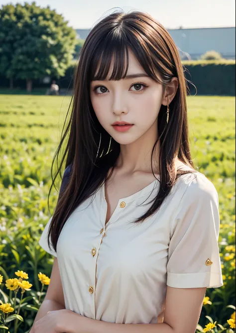 Girl wearing short-sleeved blouse、Cute 1 girl、Slim body、Cowboy Shot、Champagne gold hair with bangs,、Big eyes、I see green fields and blue skies、Perfect lighting、Sharp focus、High resolution、High resolution、High color reproducibility、High resolution、Ultra-rea...