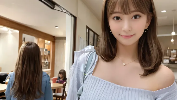 super high quality, Slender, Gravure photoshoot, The staff is working at the counter in the back., (8k、RAW Photos、highest quality、masterpiece:1.2), Japanese Idol, Brown Hair, necklace, Stylish café, The cafe is crowded with people enjoying themselves., (Re...