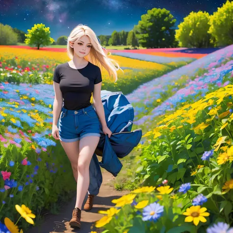 top quality, high_resolution, distinct_image, detailed background, girl, flower, garden, starry sky,