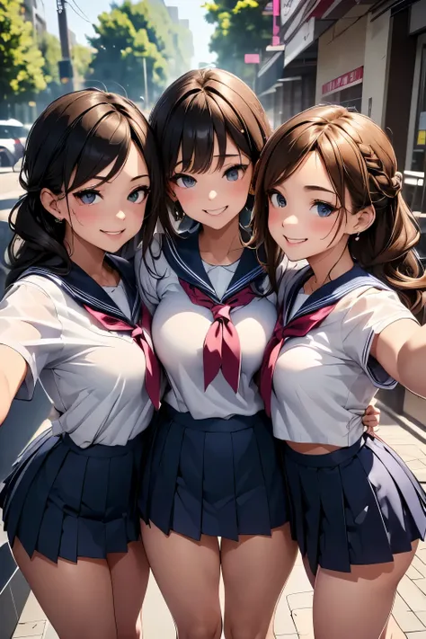 (highest quality、High resolution、Detailed Background、8k)、(Highly detailed beautiful face:1.4)、Beautiful, smooth skin、Skin Texture、Professional Lighting、cute teenage girl、Three Women、Brown hair or cute hair color、cute braided hairstyles、Braided Bob、Braided ...