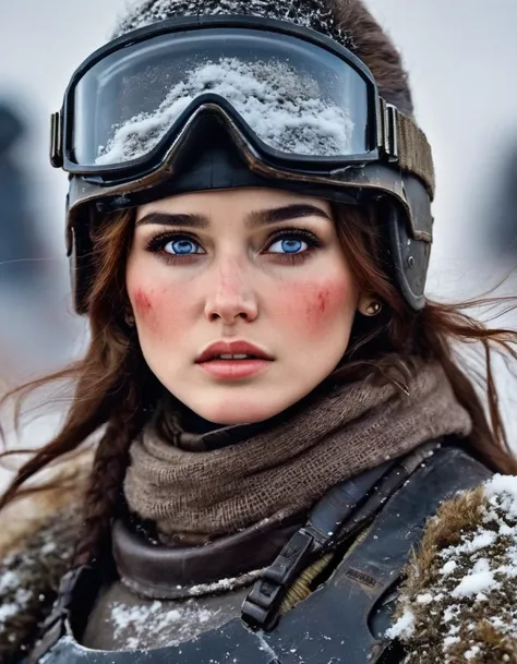 wasteland, abnormally beautiful female warrior science fiction future fantasy，helmet，goggles，blood and dirt on face，injuried，old...