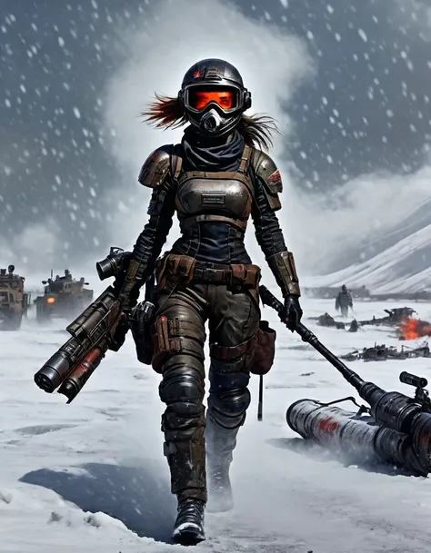 wasteland, an extremely beautiful female soldier holding a rocket launcher，sci-fi future fantasy，helmet，goggles，blood and black ...