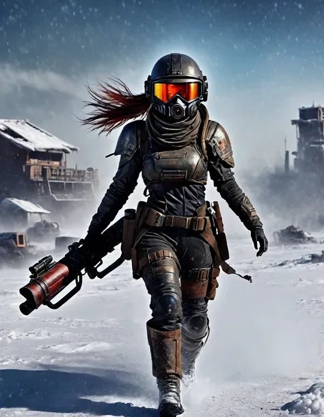 wasteland, an extremely beautiful female soldier holding a rocket launcher，sci-fi future fantasy，helmet，goggles，blood and black ...