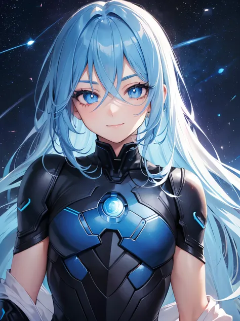 beautiful, 1boy, cute man, blue hair, long hair, striking eyes, blue irises, trap, science fiction, upper body, space, stars, ni...