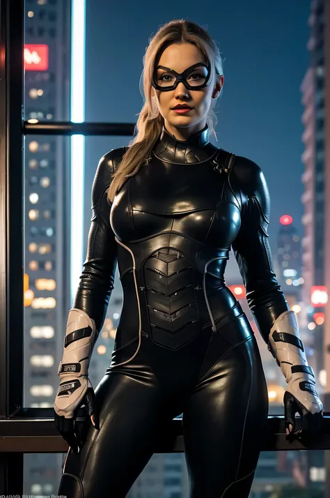 Minka Kelly Black Cat standing at the New York roofs, neon lights, night, red lips, bodysuit, mask, closed mouth, sexy look, open legs, ((gloves with claws)), upper body close portrait, big breast, Porta 160 color, shot on ARRI ALEXA 65, sharp focus, ((hig...