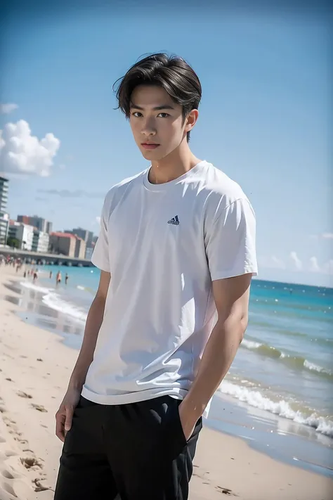 handsome male,solo,dutch angle ,beach