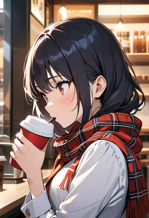 (solo)，masterpiece，Extreme details，HD，Beautiful illustrations，((Thriller))，amazing，medium view，Upper Body，A girl，extremely detailed neat hair，beauty eyes，Uniforms，Plaid scarf，miniskirt，(Drinking coffee)，hands holding coffee cup，Depth of Field，Coffee shop b...