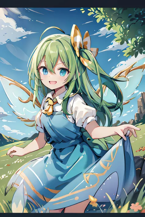 highest quality、smile、grassland、green hair、long hair、fairy wings