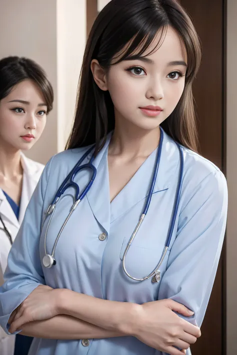 Realistic beautiful doctor、Stunningly beautiful、Doctor&#39;s white coat, Collared shirt、(Top quality、8K、32K、masterpiece、North African Trade Zone:1.3)、Ultra-high resolution,(Reality:1.4),Original Photography, Detailed face,,Beautiful hair, ((Doctor style)),...