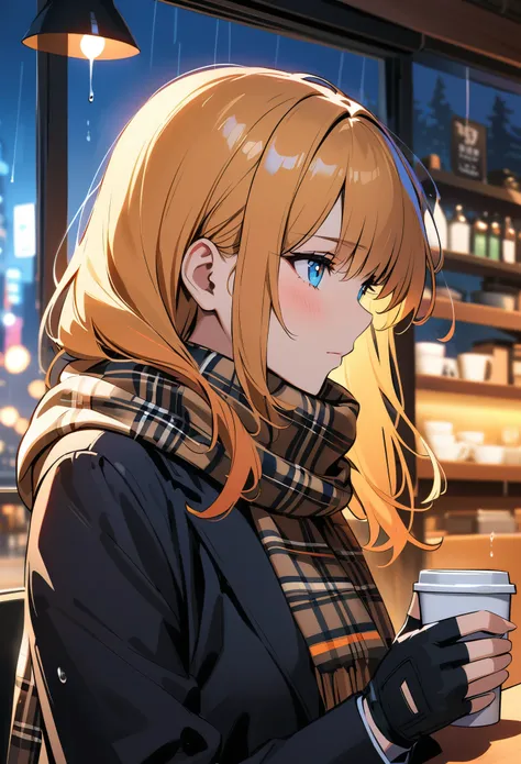 (solo)，masterpiece，Extreme details，HD，Beautiful illustrations，((Thriller))，amazing，medium view，Upper Body，A woman，(extremely detailed neat hair)，orange until yellow hair，beauty light blue eyes，(Black suit)，Plaid scarf，Fingerless gloves，(Drinking coffee)，ha...