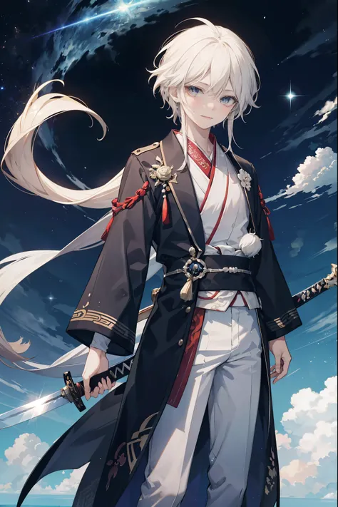 Chinese style, antiquity, Men, young people, Hanfu, 长White hair, White hair, Exquisite, Handsome, Fairy air, Dreamy and magical, 手拿Long Sword, Mole under the eye, Super Detail, cartoon , best quality, long coat, cartoon, Ethnic style, Long Sword, Sword bla...