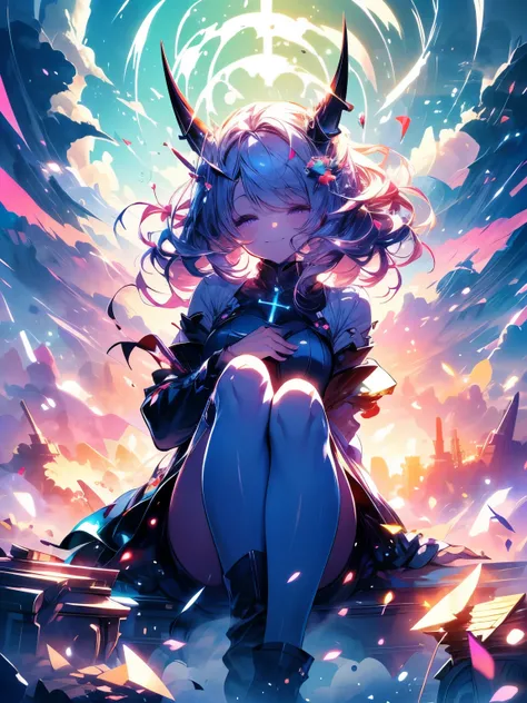 One girl、Demon Girl、horn、The best smile、Sit on the clouds、Sitting cross-legged on the clouds、Sitting cross-legged on a cloud、Ride the Clouds、Lying on a cloud、Sleeping on the clouds、Fantasy art、(((masterpiece))), (best quality), (ultra detail), (very_high_r...