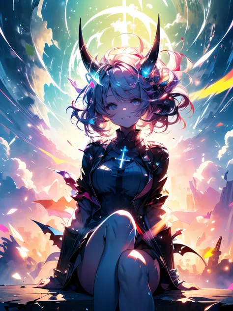 One girl、Demon Girl、horn、The best smile、Sit on the clouds、Sitting cross-legged on the clouds、Sitting cross-legged on a cloud、Ride the Clouds、Lying on a cloud、Sleeping on the clouds、Fantasy art、(((masterpiece))), (best quality), (ultra detail), (very_high_r...