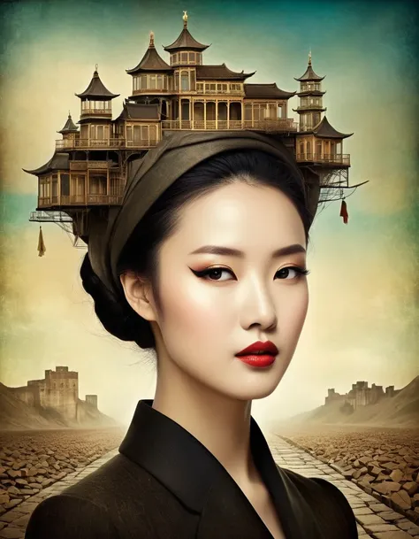 in style of Christian Schloe, beautiful details，best quality, ultra-detailed, HDR, masterpiece:1.2, wasteland, China&#39;s tallest beautiful warrior holding a rocket launcher, futuristic fantasy, long flowing hair, high-tech helmet, goggles, blood and blac...