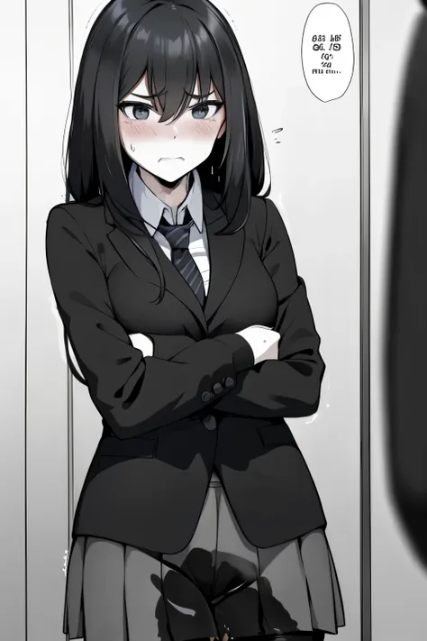 a woman with very long (black hair:1.5) and very long bangs, wearing a business outfit consisting of a suit, pencil skirt, and p...