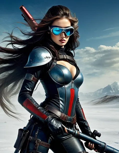 Christian Schloe style, beautifully detailed, best quality, super fine, HDR, masterpiece: 1. 2, wasteland, beautiful female warrior from China holding a rocket launcher, futuristic fantasy, long flowing hair, high tech helmet, goggles, blood and black grea...