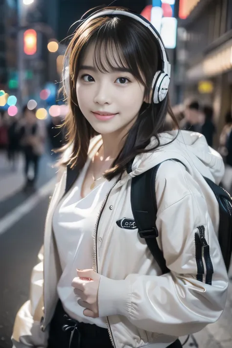 (((highest quality, 8k,超A high resolution、Ultra-detailed))),One Girl,High school girls,Beautiful girl,Street fashion,((Hooded Neon Over Jacket,Black shorts,Backpack))、((Wear large headphones on your neck))、(Light brown short hair,Colorful extended hair),Pe...