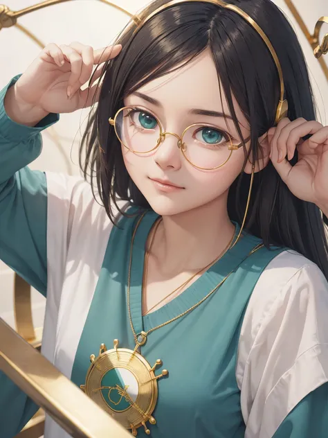 (Masterpiece, highest quality, super large resolution); (CG illustration); (a cute and cute girl); (sleepiness) (exhaustion); ((round-framed gold wire glasses)), (fashionable) (trendy); Rich colors, cyan, orange, yellow, green, cyan, blue, purple, fashion ...