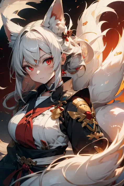 ((highest quality)), ((masterpiece)), (detailed),(pettie),Perfect Face,white Hair,red eyes,Fair skin,Fox,Nine-Tailed Fox,Onmyoji,magic,multiple tails,fox tails