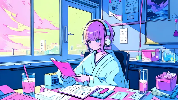 pastel colour、A beautiful girl studying at a desk in her room while listening to music with headphones、Coffee cup、 quiet night,Japanese anime

