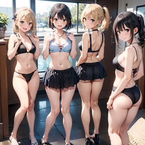 (three girls are sticking out their big butt boldly), (big butt), Laughing with your mouth open, (slender), hair band, Headband, hair bobbles, brown hair, blond hair, navel, jewelry, looking at viewer, necklace, long hair, short hair, Abdominal muscles, (V...