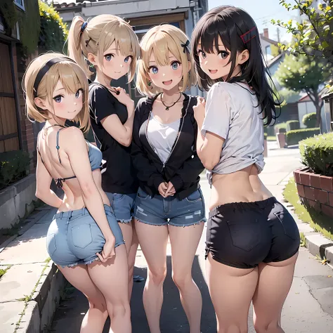 (three girls are sticking out their big butt boldly), (big butt), Laughing with your mouth open, (slender), hair band, Headband, hair bobbles, brown hair, blond hair, navel, jewelry, looking at viewer, necklace, long hair, short hair, Abdominal muscles, (V...