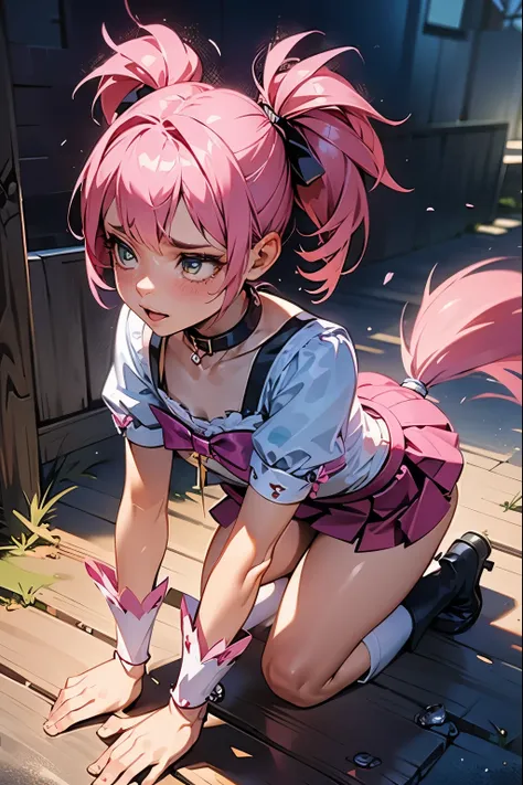 a magical girl with short twin-tailed pink hair, a kindergarten girl, crawling on all fours, being forced to walk a dog, wearing...