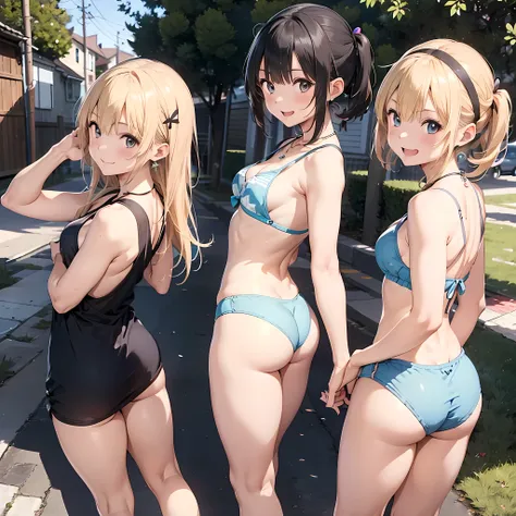 (three girls are sticking out their big butt boldly), (big butt), Laughing with your mouth open, (slender), hair band, Headband, hair bobbles, brown hair, blond hair, navel, jewelry, looking at viewer, necklace, long hair, short hair, Abdominal muscles, (V...