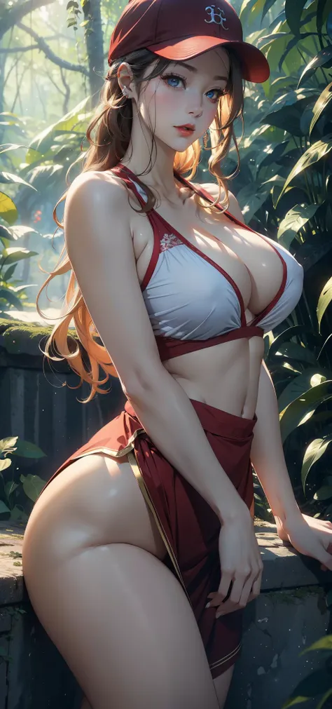 1 female，45 years old，Large Breasts，Long legs，Big breasts and thin waist， 照片曝Light，（background：In the woods，Rainforest，In the summer，gale） She has long golden hair，blond，curls，Red lips，stand up，Front view， OK， Gloomy sky，（（（masterpiece），（Highly detailed CG...