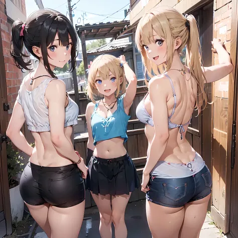 (three girls are sticking out their big butt boldly:1.5), (big butt), Laughing with your mouth open, (slender), hair band, Headband, hair bobbles, brown hair, blond hair, navel, jewelry, looking at viewer, necklace, long hair, short hair, Abdominal muscles...