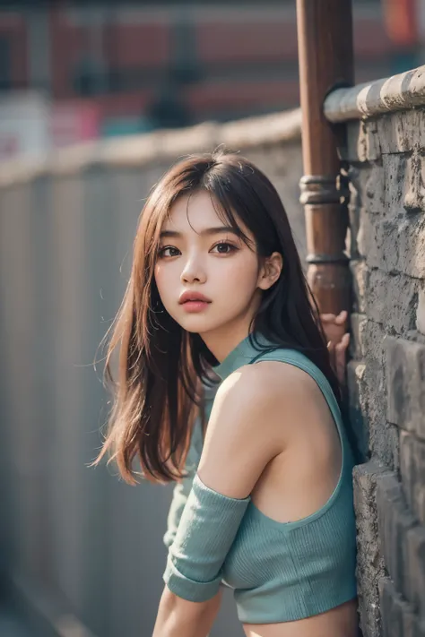 Close up of person standing in front of fence, purple top, Blackpink&#39;s Roseanne Park, Korean female fashion model, bright purple, Twice&#39;s Tzuyu, Violet Tight Tank Top, purple clothes, purple halter top, young and cute girl, cute top, pastel clothin...