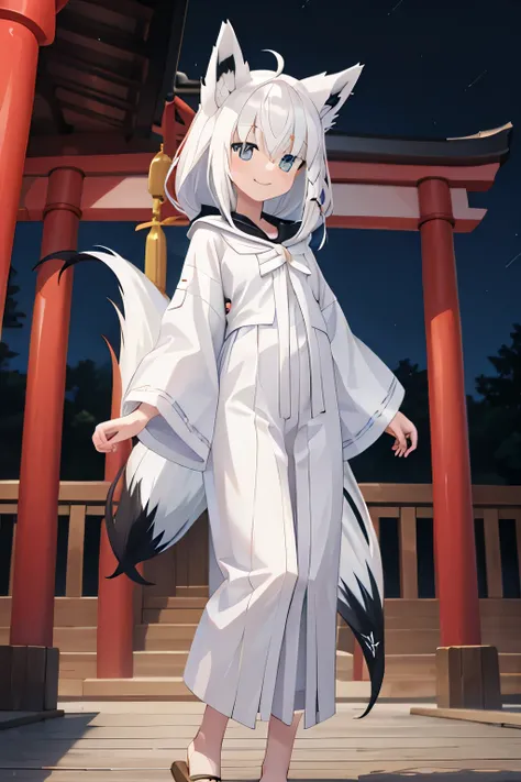 highest quality、smile、Standing in front of a shrine、night、White clothes、Fox ears