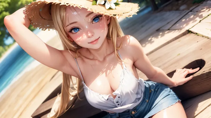 1girl, White summer costume, denim skirt, a straw fedora hat, Bare legged, blonde  hair, blue eyess, full bodyesbian, Style Petals, wood background, A clear day, perfect  eyes, perfect hand,  perfect fingers, 超A high resolution, smile, Movie angle, profeti...