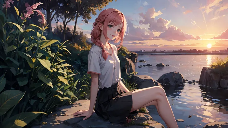 (masterpiece misguided style, best quality, dusk:1.3), a cute irish girl, portrait-type, copper, skirt above the knees, slender legs, chubby, pink lips, small smile, gray waterfall braid, sunset background, Exquisite, trending on CGSociety