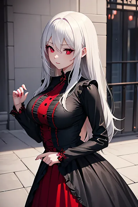 woman in a black and red dress, girl wearing a black and red dress, in dress, beautiful alluring woman, cute waifu in a nice dress, gothic maiden girl, red eyes, white hair, 8k high quality detailed art, beautiful anime girl, guweiz, beautiful anime woman,...